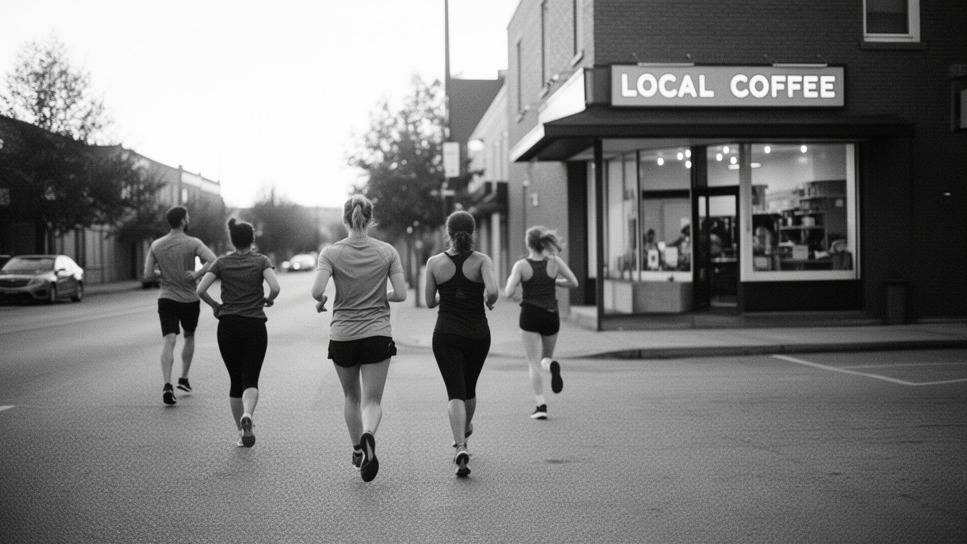 A small group of slow runners jogging toward a local coffee shop at dawn
